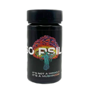 A sleek black bottle of Psilo microdose capsules, with a few capsules visible, emphasizing their convenient and discreet form.